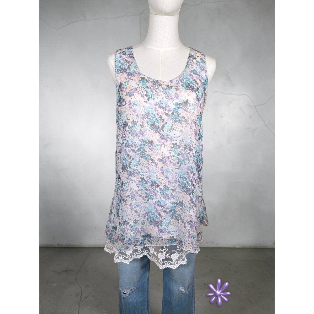 VIA SIGNORIA Italy 100% Silk Floral Tank Top Lace Hem Womens L Cottagecore